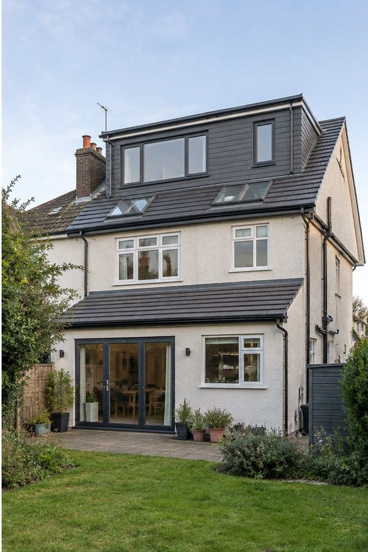 Rear of semi-detached house after extension and loft conversion, with dark cladding and bi-fold doors