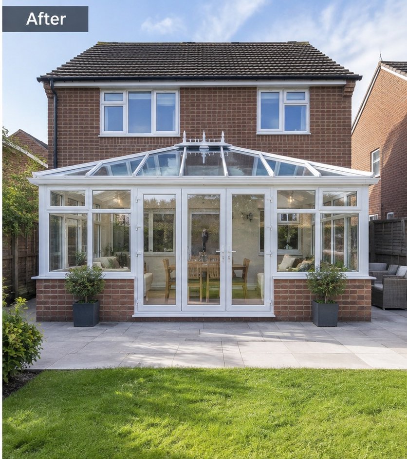 Rear of detached brick house after conservatory extension with new patio