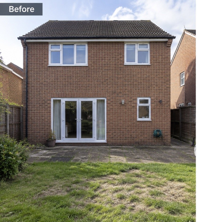 Rear of detached brick house before conservatory extension